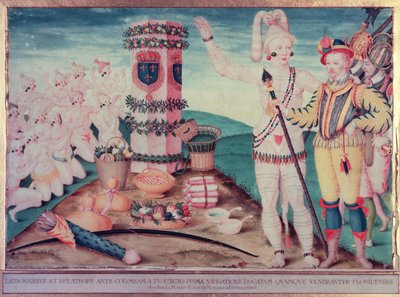 René Goulaine de Laudonnière e il capo Athore davanti alla colonna di Ribault da Jacques Le Moyne